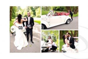 Autopanne mit VW Käfer Brautpaar beim Fotoshooting auf der Insel Mainau am Bodensee