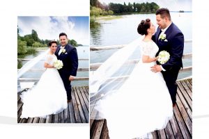 Brautpaar auf Bootssteg am Bodensee fotografiert