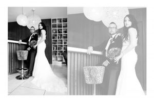 Brautpaar in Hotellobby in schwarz weiß