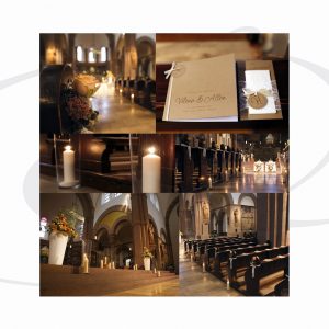 Kirchendekoration mit Kerzen und Blumen