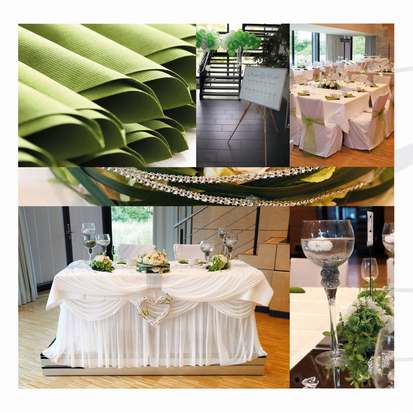 Dekoration in Grün mit Tischplan und grünen Stuhlschleifen