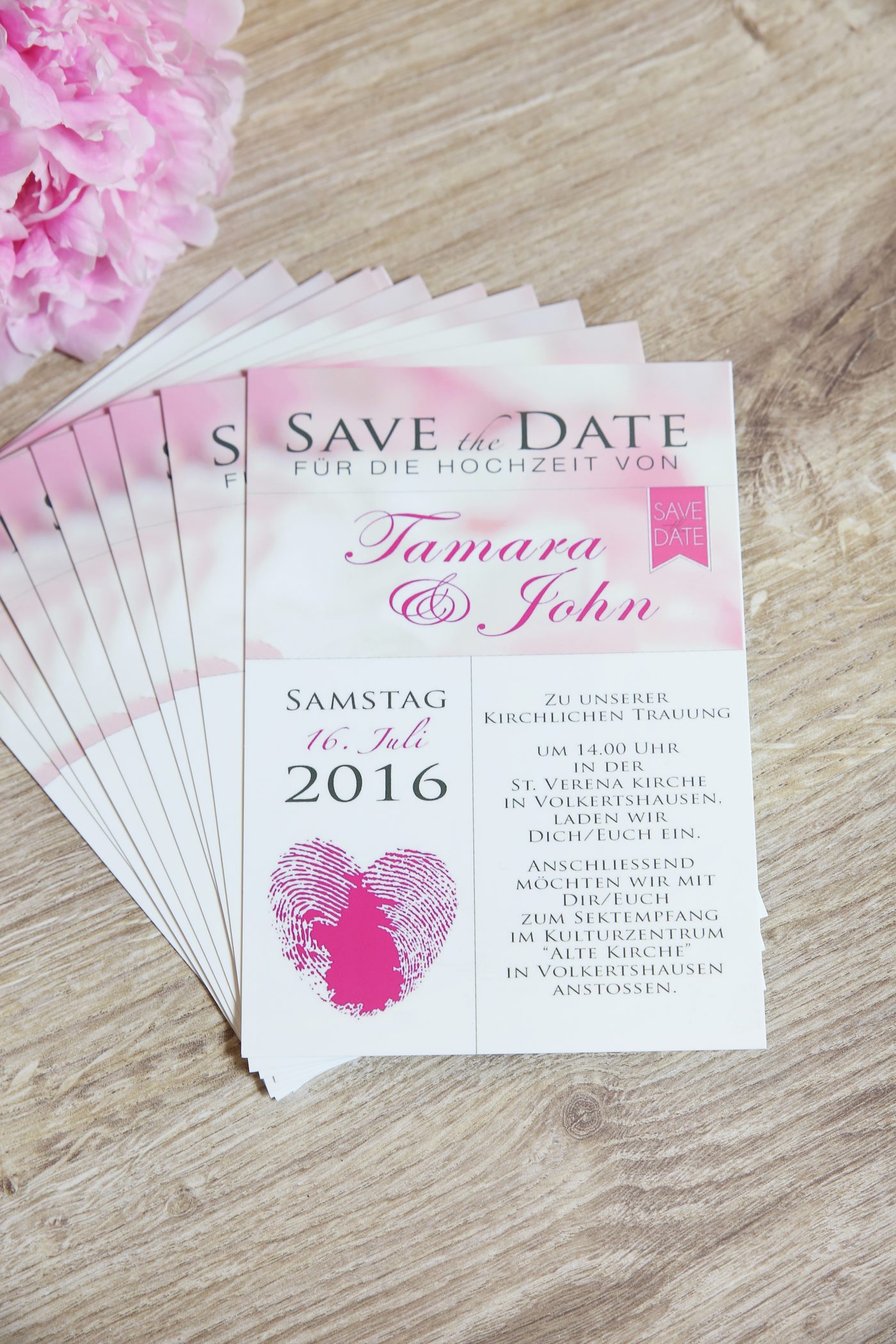 Rosa Save the date Karte als Postkarte zur Hochzeit
